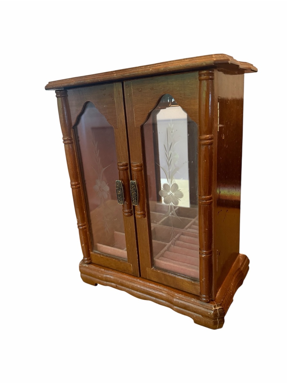 VTG Wooden Jewelry Armoire Cabinet with Etched Glass Doors WITH INTERIOR LIGHT
